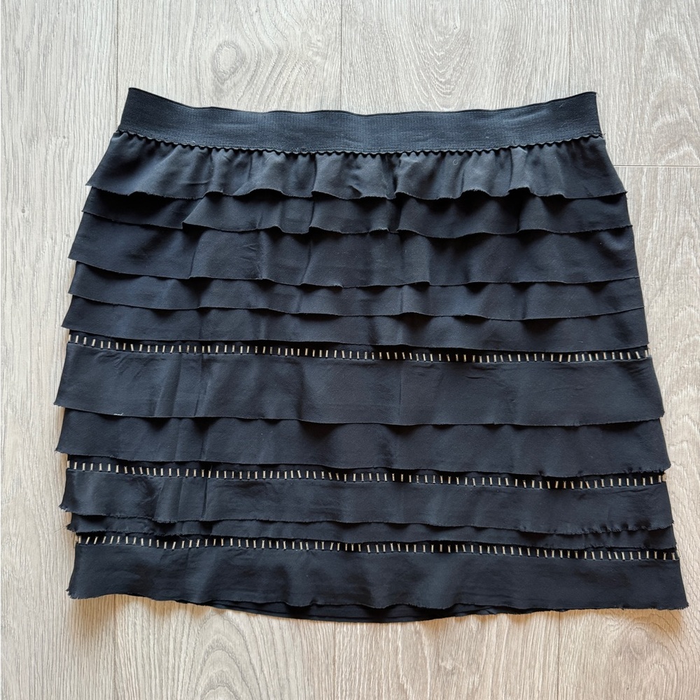 BCBGMaxAzria Black Layered Ruffle Mini Skirt with Ladder Cutouts